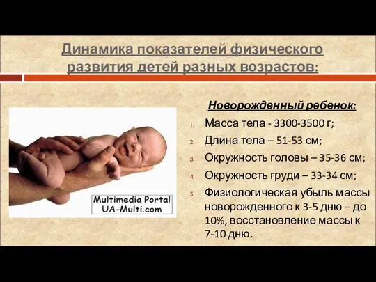 Динамика показателей физического развития детей разных возрастов: Новорожденный ребенок: Масса тела