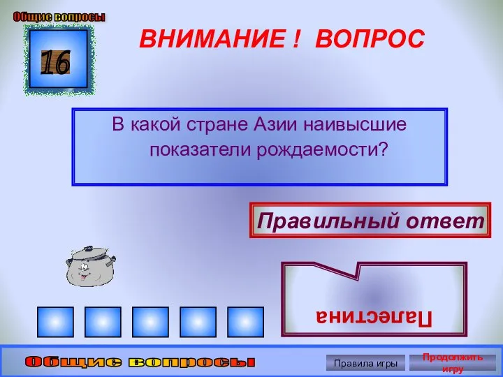 ВНИМАНИЕ ! ВОПРОС В какой стране Азии наивысшие показатели рождаемости? 16