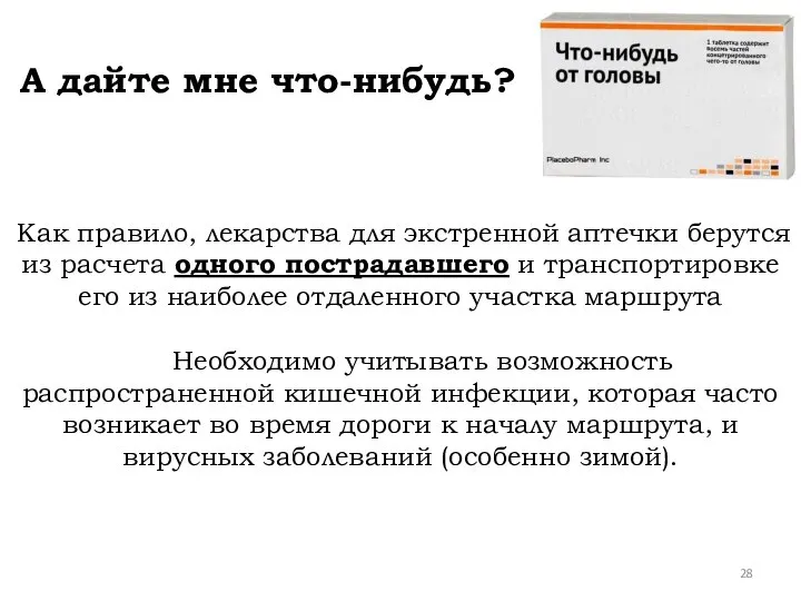 Как правило, лекарства для экстренной аптечки берутся из расчета одного пострадавшего