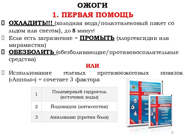 1. ПЕРВАЯ ПОМОЩЬ ОХЛАДИТЬ!!! (холодная вода/полиэтиленовый пакет со льдом или снегом),