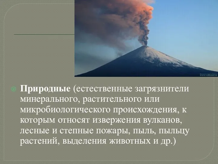 Природные (естественные загрязнители минерального, растительного или микробиологического происхождения, к которым относят