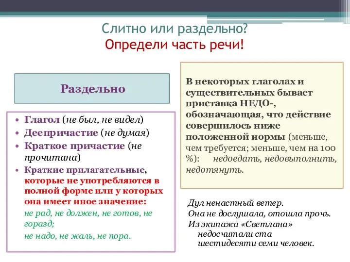 Слитно или раздельно? Определи часть речи! Раздельно В некоторых глаголах и