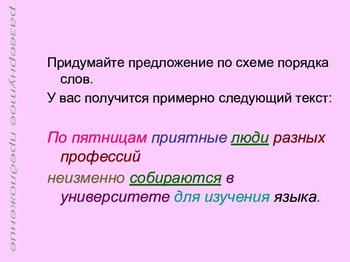 Придумайте предложение по схеме порядка слов. У вас получится примерно следующий