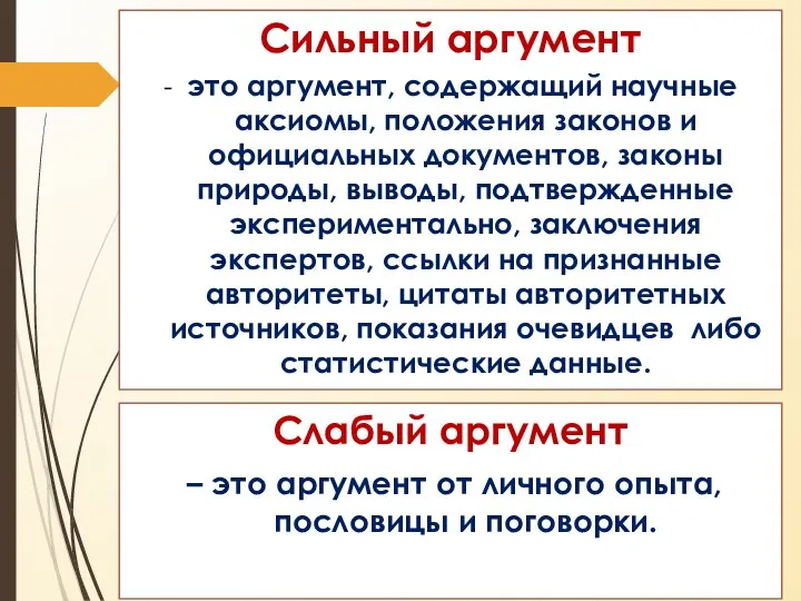 Слабый аргумент – это аргумент от личного опыта, пословицы и поговорки.