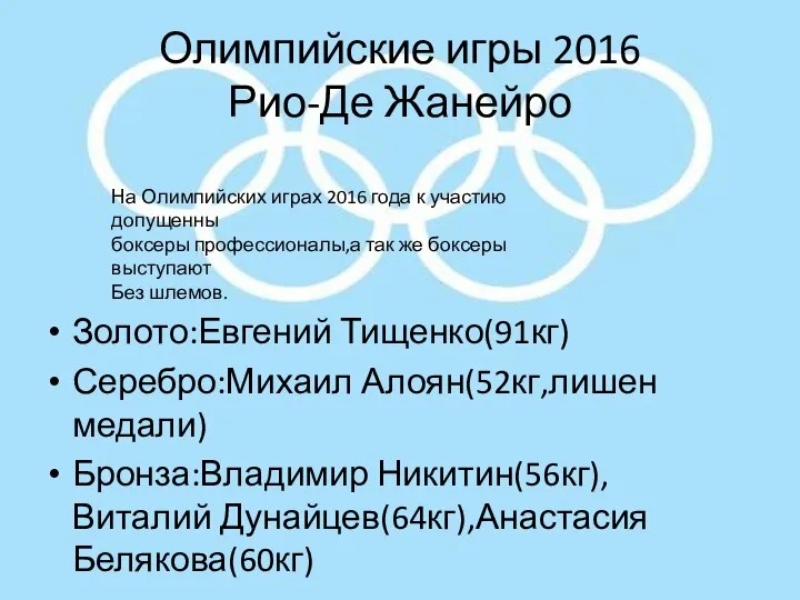 Олимпийские игры 2016 Рио-Де Жанейро Золото:Евгений Тищенко(91кг) Серебро:Михаил Алоян(52кг,лишен медали) Бронза:Владимир