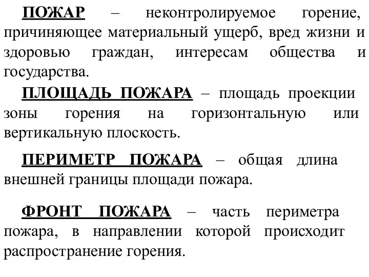 ПОЖАР – неконтролируемое горение, причиняющее материальный ущерб, вред жизни и здоровью