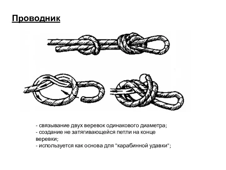 Проводник - связывание двух веревок одинакового диаметра; - создание не затягивающейся