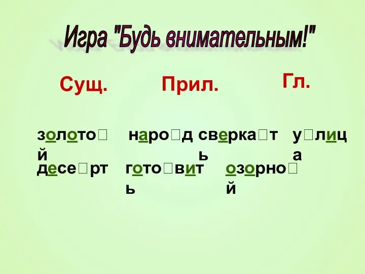 Игра "Будь внимательным!" золотой народ сверкать улица десерт озорной готовить Сущ. Прил. Гл.