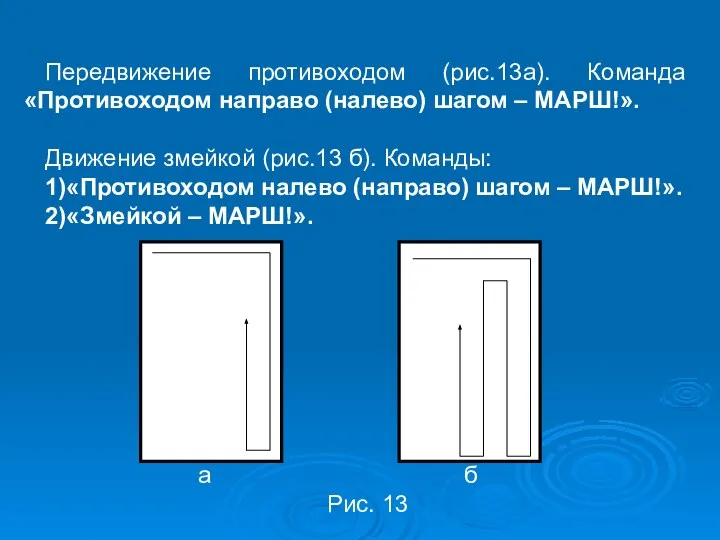 Передвижение противоходом (рис.13а). Команда «Противоходом направо (налево) шагом – МАРШ!». Движение