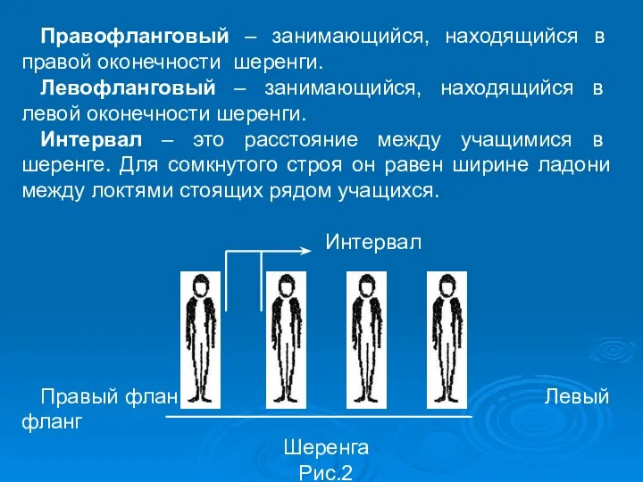 Правофланговый – занимающийся, находящийся в правой оконечности шеренги. Левофланговый – занимающийся,