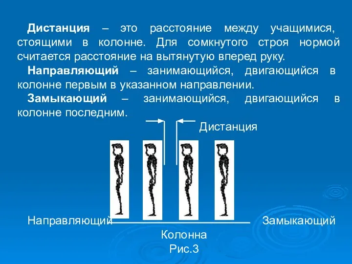 Дистанция – это расстояние между учащимися, стоящими в колонне. Для сомкнутого