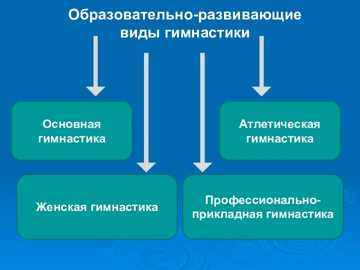 Образовательно-развивающие виды гимнастики Основная гимнастика Профессионально-прикладная гимнастика Атлетическая гимнастика Женская гимнастика