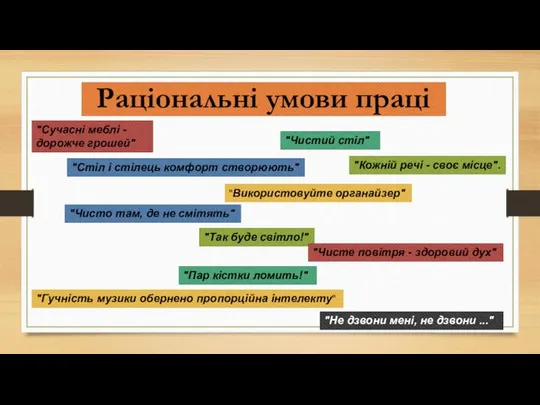 Раціональні умови праці "Сучасні меблі - дорожче грошей" "Стіл і стілець