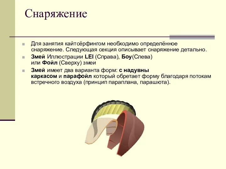 Снаряжение Для занятия кайтсёрфингом необходимо определённое снаряжение. Следующая секция описывает снаряжение