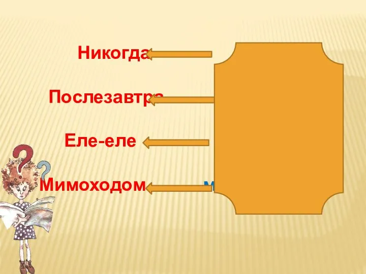 Никогда когда Послезавтра завтра Еле-еле еле, еле Мимоходом мимо, ходить