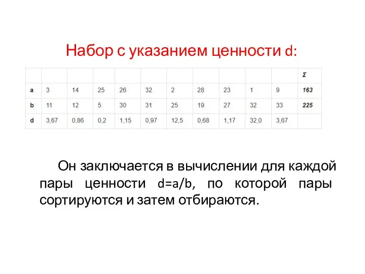 Набор с указанием ценности d: Он заключается в вычислении для каждой