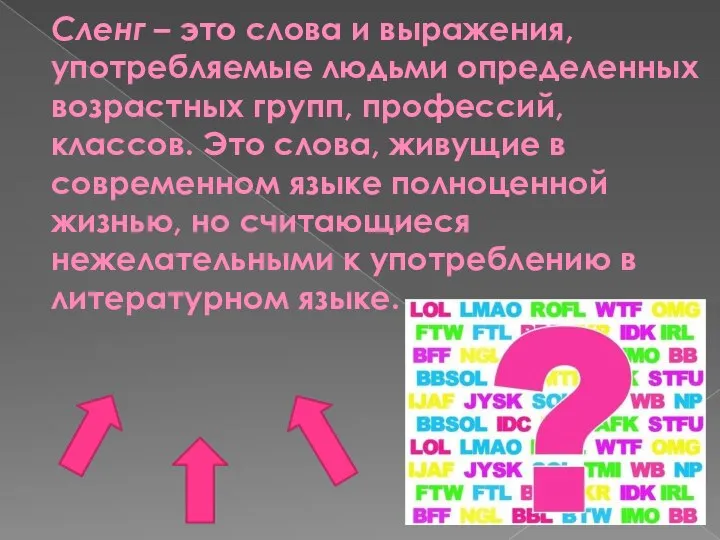 Сленг – это слова и выражения, употребляемые людьми определенных возрастных групп,