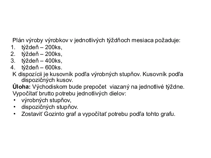 Plán výroby výrobkov v jednotlivých týždňoch mesiaca požaduje: týždeň – 200ks,