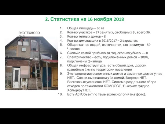 Общая площадь – 60 га Кол-во участков – 27 занятых, свободных