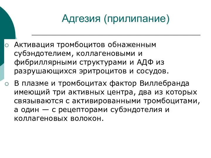 Адгезия (прилипание) Активация тромбоцитов обнаженным субэндотелием, коллагеновыми и фибриллярными структурами и