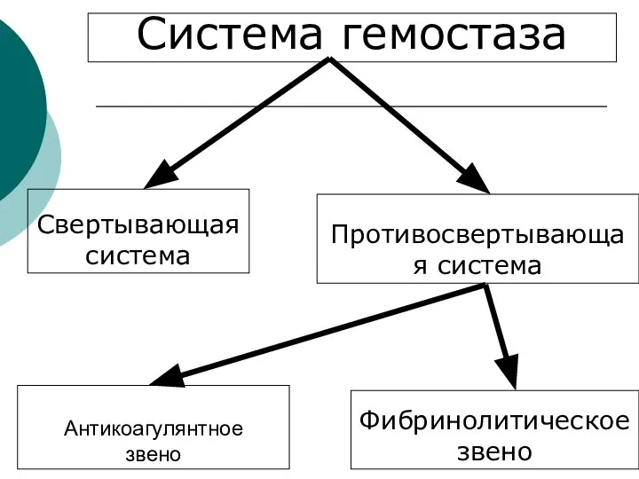 Антикоагулянтное звено Противосвертывающая система Свертывающая система Система гемостаза Фибринолитическое звено