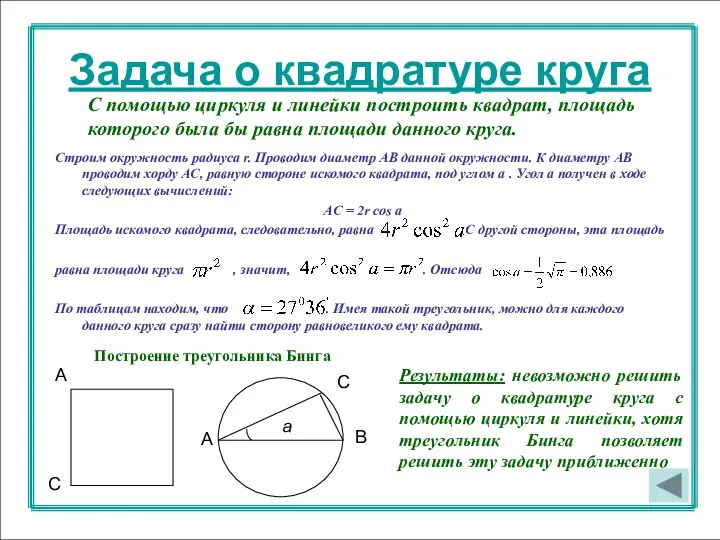 Задача о квадратуре круга Задача о квадратуре круга С помощью циркуля