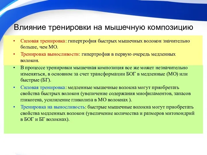 Влияние тренировки на мышечную композицию Силовая тренировка: гипертрофия быстрых мышечных волокон