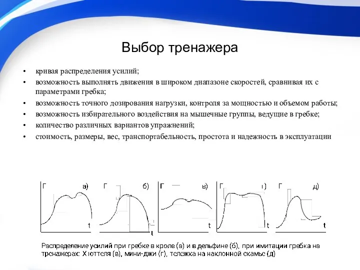 Выбор тренажера кривая распределения усилий; возможность выполнять движения в широком диапазоне