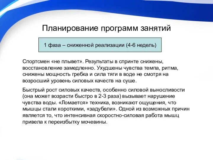 Планирование программ занятий Спортсмен «не плывет». Результаты в спринте снижены, восстановление