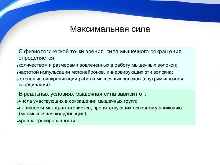 Максимальная сила С физиологической точки зрения, сила мышечного сокращения определяется: количеством