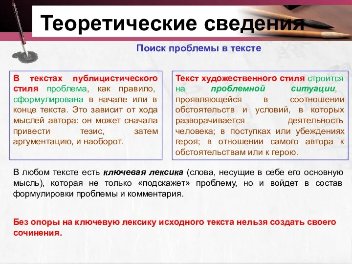 Теоретические сведения Поиск проблемы в тексте В текстах публицистического стиля проблема,