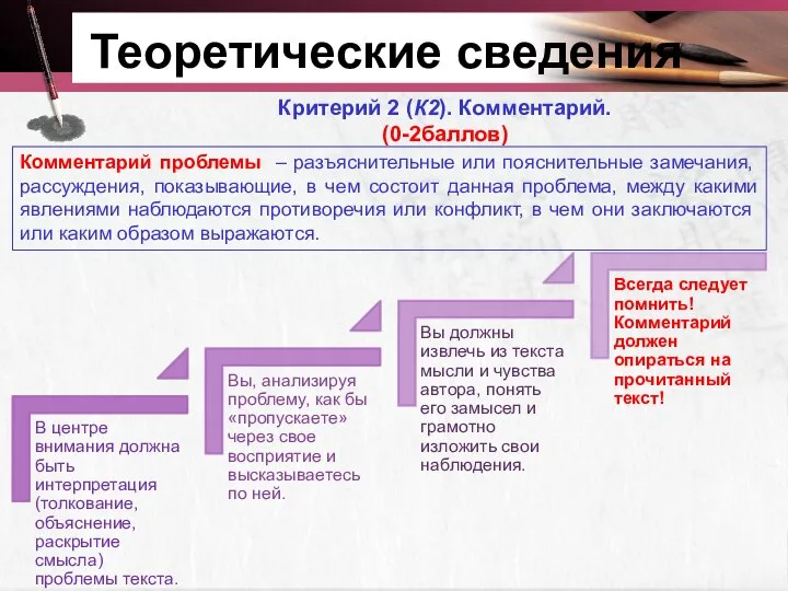 Теоретические сведения Критерий 2 (К2). Комментарий. (0-2баллов) Комментарий проблемы – разъяснительные