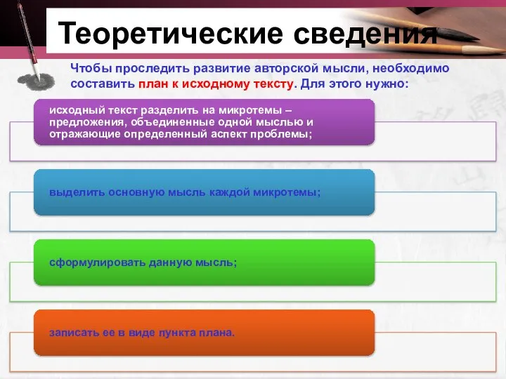 Теоретические сведения Чтобы проследить развитие авторской мысли, необходимо составить план к исходному тексту. Для этого нужно: