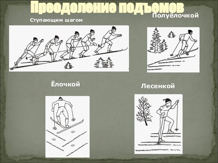 Преодоление подъемов Ступающим шагом Полуёлочкой Ёлочкой Лесенкой