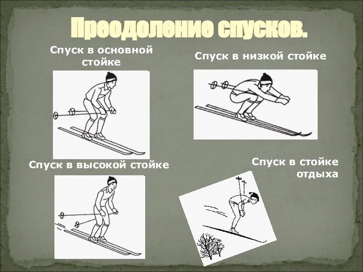 Преодоление спусков. Спуск в основной стойке Спуск в низкой стойке Спуск