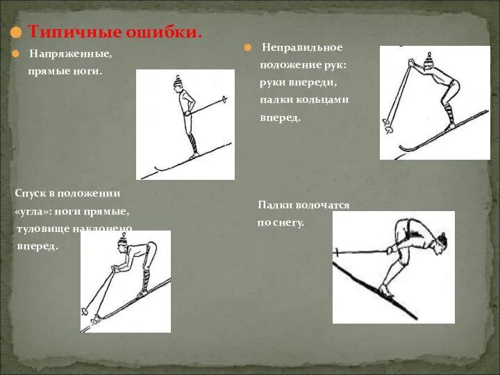 Типичные ошибки. Напряженные, прямые ноги. Спуск в положении «угла»: ноги прямые,