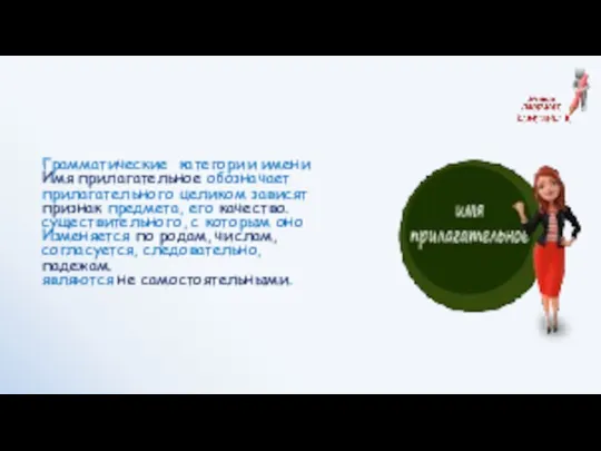 Имя прилагательное обозначает признак предмета, его качество. Изменяется по родам, числам,