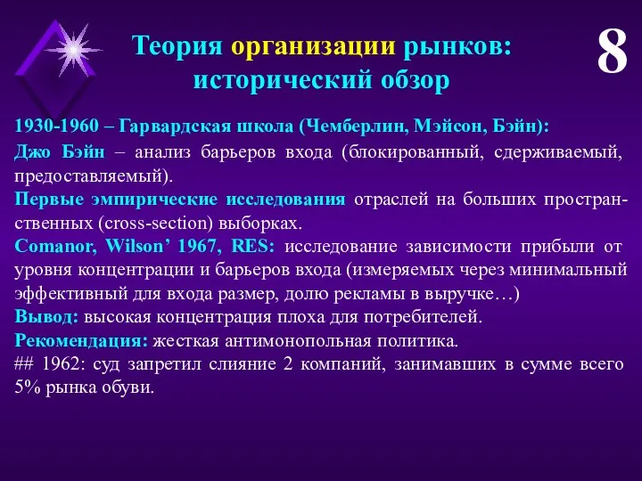 Теория организации рынков: исторический обзор 8 Джо Бэйн – анализ барьеров