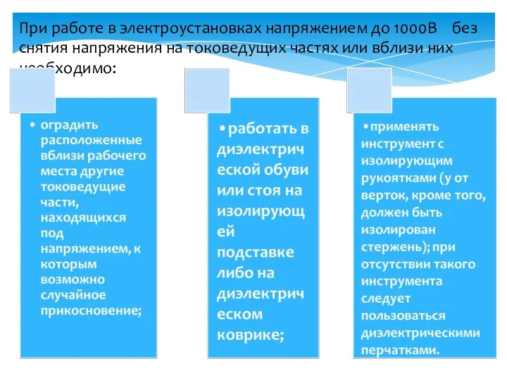 При работе в электроустановках напряжением до 1000В без снятия напряжения на