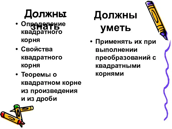 Должны знать Определение квадратного корня Свойства квадратного корня Теоремы о квадратном