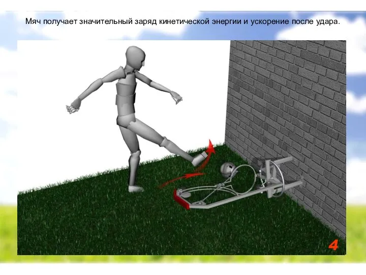 Мяч получает значительный заряд кинетической энергии и ускорение после удара. 4