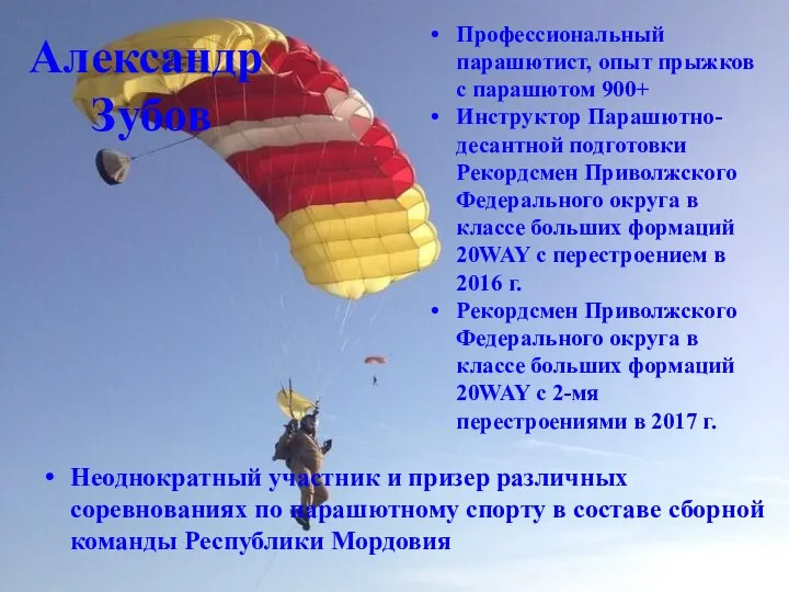 Александр Зубов Профессиональный парашютист, опыт прыжков с парашютом 900+ Инструктор Парашютно-десантной