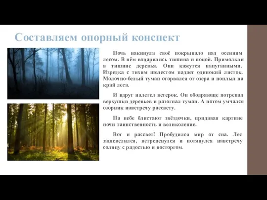 Составляем опорный конспект Ночь накинула своё покрывало над осенним лесом. В