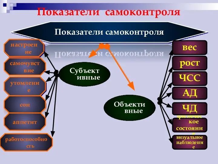 Показатели самоконтроля Субъективные Показатели самоконтроля Объективные настроение утомление самочувствие сон аппетит