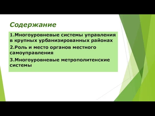 Содержание 1.Многоуровневые системы управления в крупных урбанизированных районах 2.Роль и место