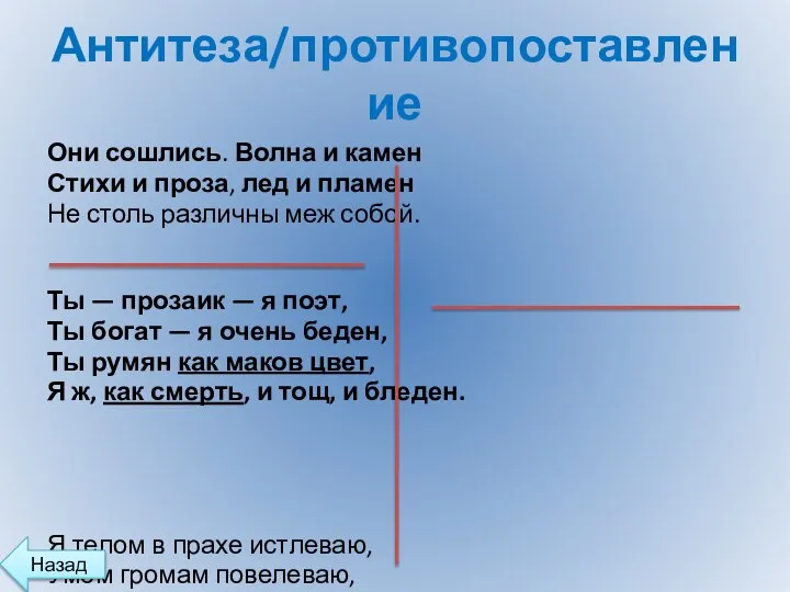 Антитеза/противопоставление Они сошлись. Волна и камен Стихи и проза, лед и