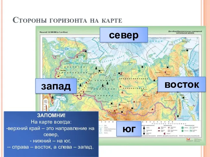 Стороны горизонта на карте север запад восток юг ЗАПОМНИ! На карте