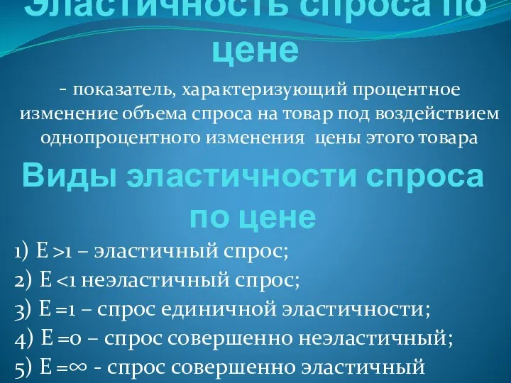 Эластичность спроса по цене - показатель, характеризующий процентное изменение объема спроса