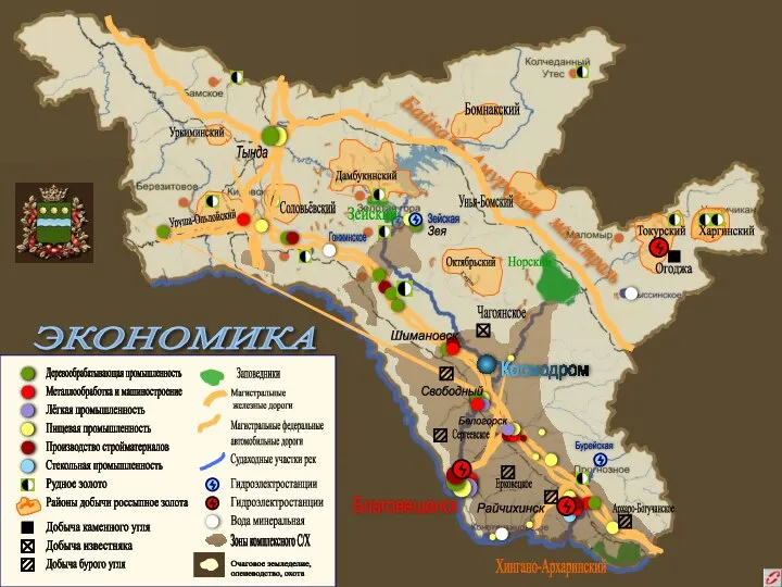 ЭКОНОМИКА Благовещенск Хингано-Архаринский Огоджа Октябрьский магистраль Норский Зейский Чагоянское Гарь Дамбукинский