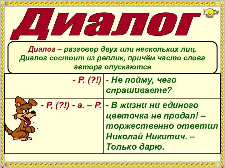 Диалог Диалог – разговор двух или нескольких лиц. Диалог состоит из